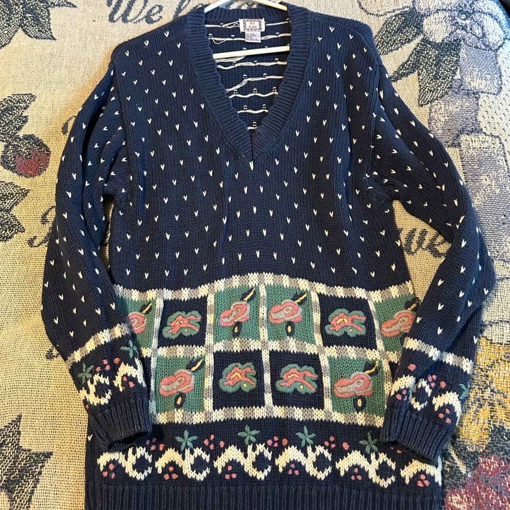 Navy V-Neck Patterned Sweater